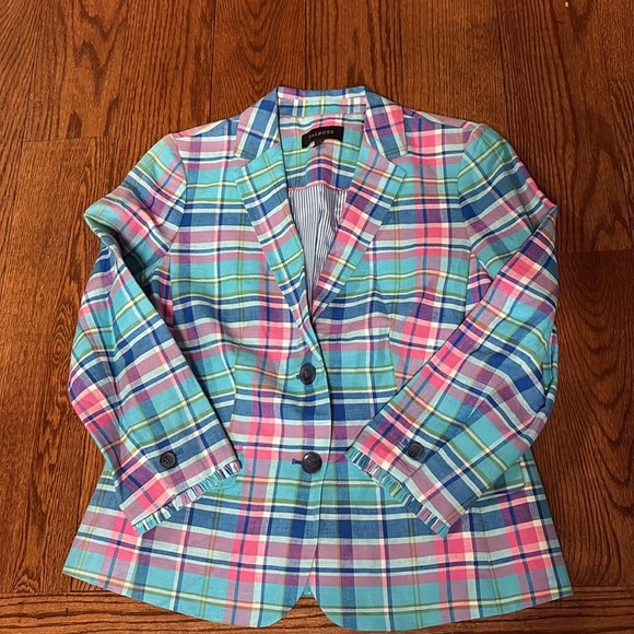 NWOT Talbots Madras linen plaid sunshine blazer 2 button front ruffle cuff 6 - Picture 10 of 17